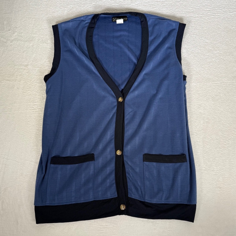 Vintage Haband Blue Knit Button-Front V-Neck Cardigan Vest with Navy Trim Sz L